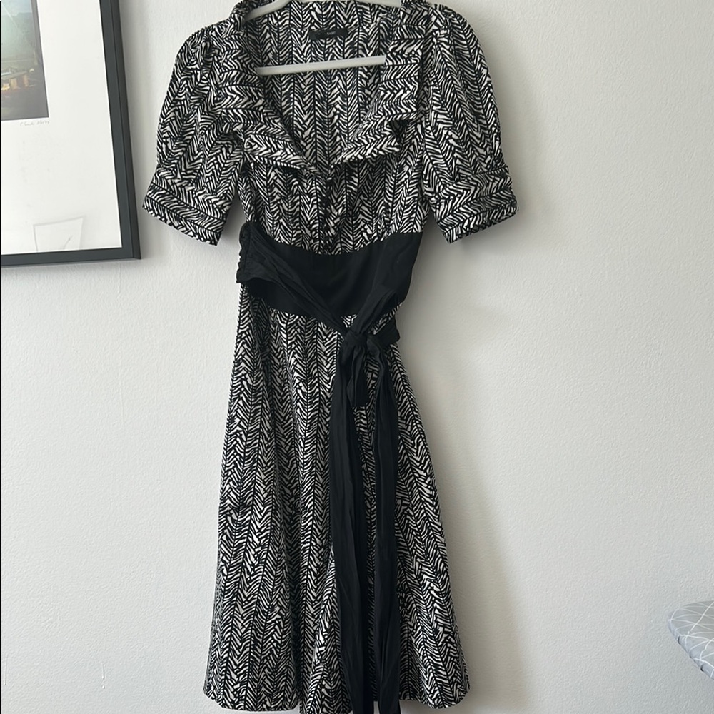Zara Vintage Elegant Black and Ivory Patterned satin Dress (M)